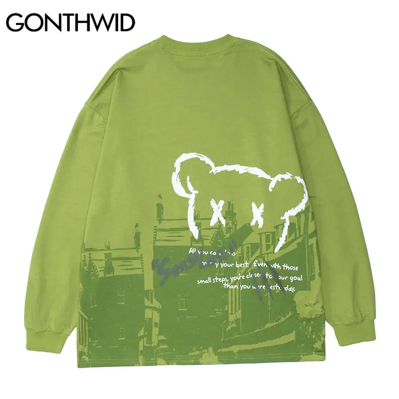 

GONTHWID Tees Shirts Harajuku Landscape Bear Print Tshirts Streetwear Mens Hip Hop Casual Cotton Loose Fashion Long Sleeve Tops