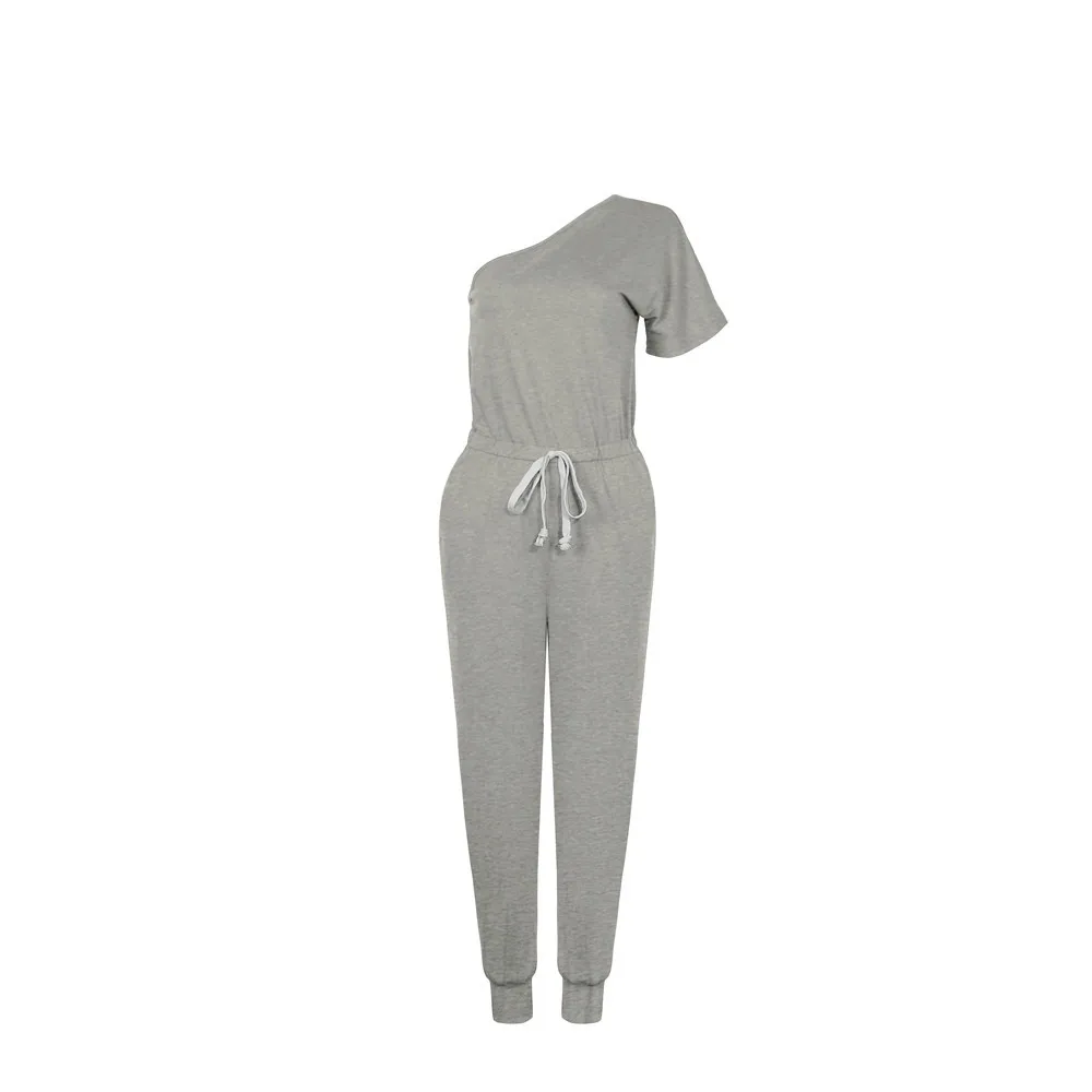 

2021 Summer Women's Short-Sleeved Oblique Shoulder Lace-Up Pocket Off Shoulder Casual Jumpsuit Casual Solid Color Ladies Rompers