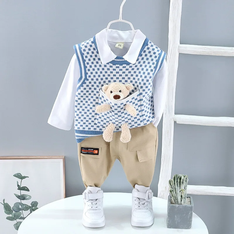 

0-4 Years Old Autumn Winter Boys and Girls Sweater Vest Bear Lapel Shirt Solid Color Trousers Three-piece Toddler Kids Clothes