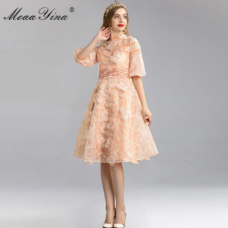 MoaaYina модное дизайнерское платье весна лето женское с пышными рукавами сетчатая