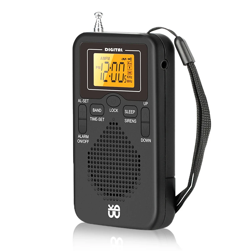 Mini Radio portátil AM/FM de doble banda, receptor de Radio estéreo de bolsillo con pantalla, reloj despertador digital