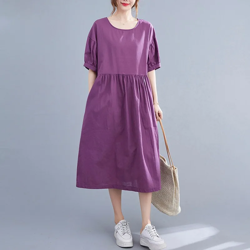 

Women Summer Cotton Linen Long Dress New Arrival 2021 Simple Style Solid Color Loose Comfortable Female Casual Dresses B645