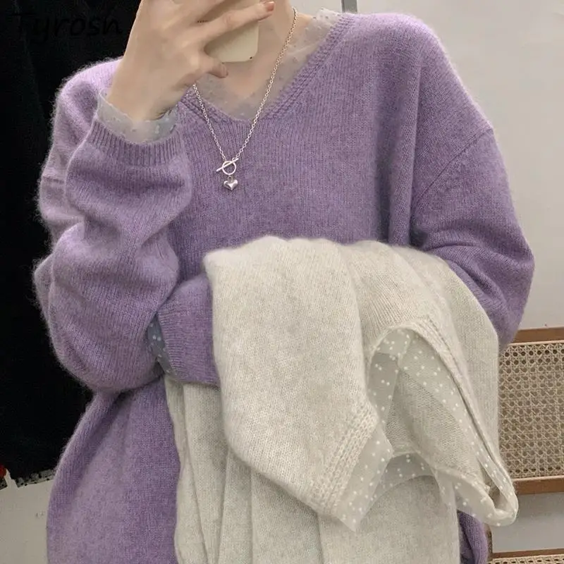 

V-neck Pullovers Women Spring Autumn Mesh Spliced Fashion Elegant Tender Chic Loose Leisure Cozy Knitted Womens Clothing New Ins