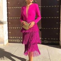 long sleeves fringe dress christmas clothes sexy deep v neck see through big size 2xl midi dresses for women party date night
