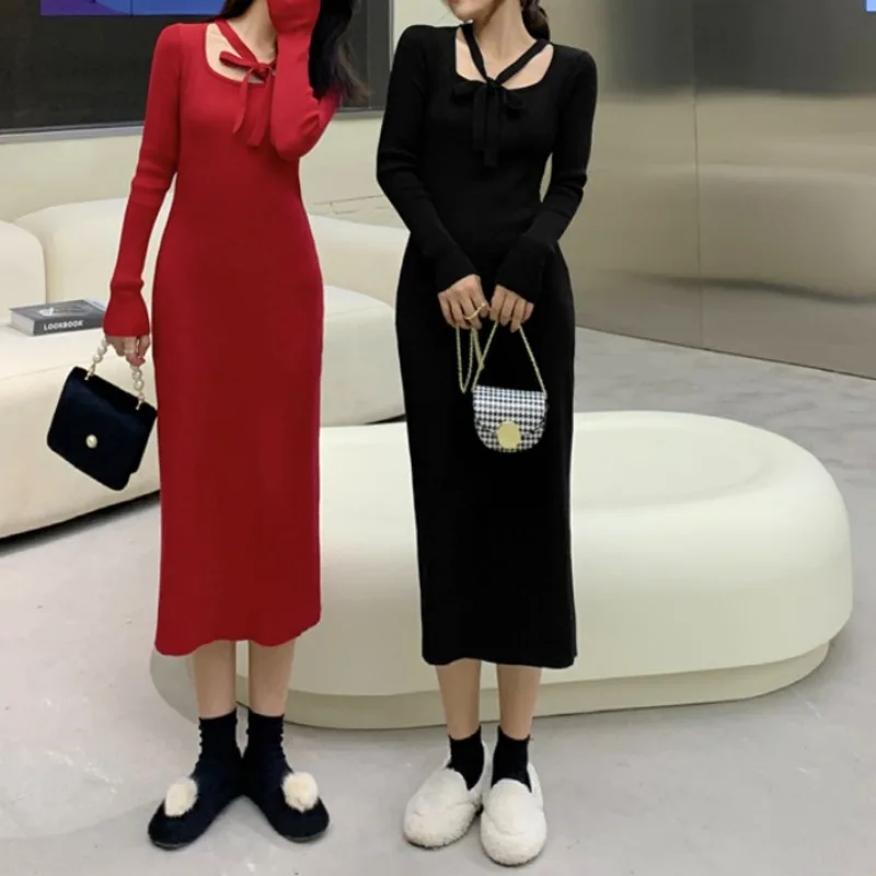 

Autumn and Winter Dress Small Man 2021 New Women's Dress French Slim Lace Knitted Medium and Long Skirt