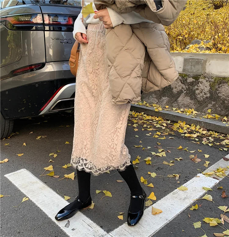 Женская кружевная юбка двусторонняя Свободная с высокой талией и поясом на