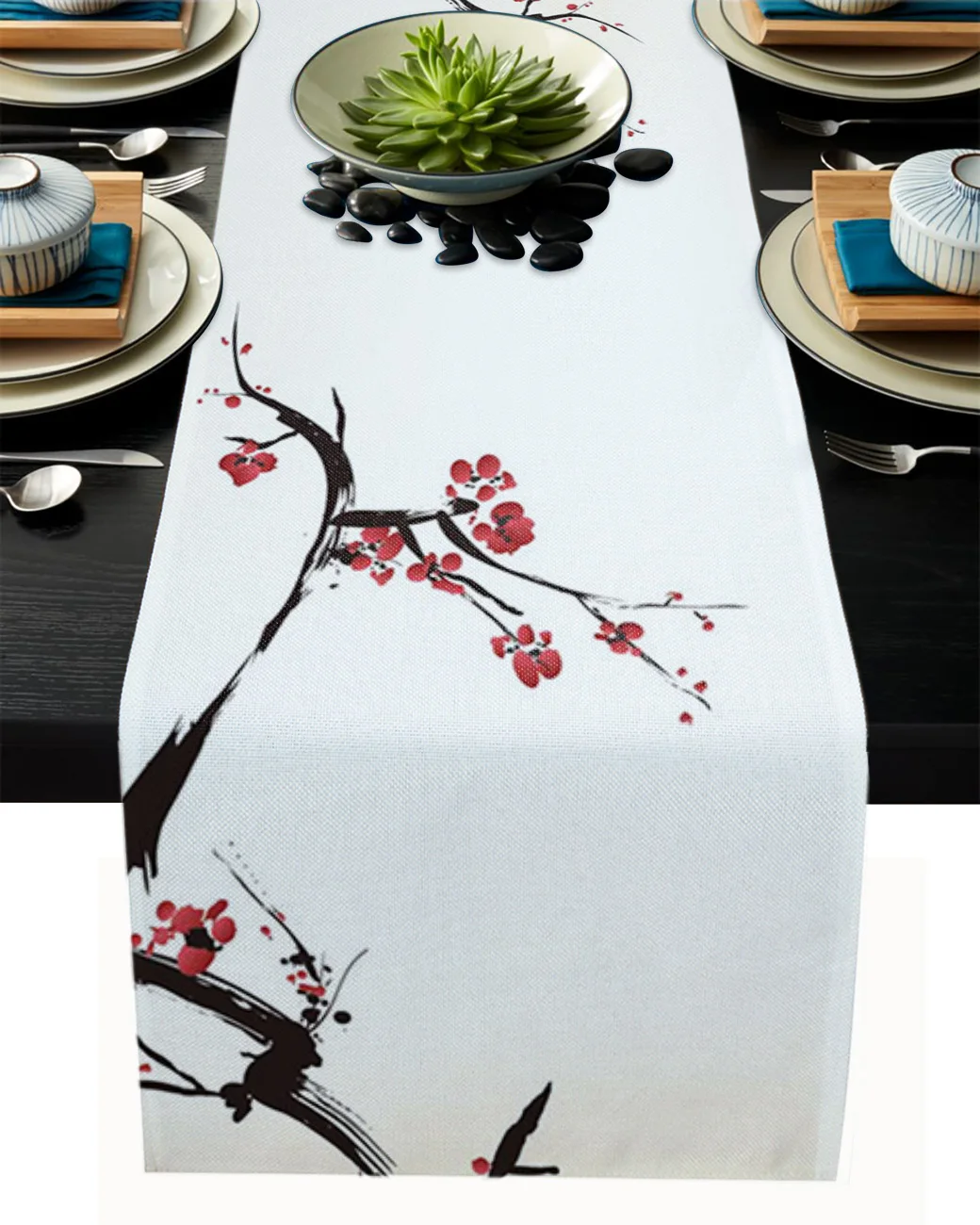 

Red Flower Plum Flower Ink Scenery Table Runner Kitchen Decor Tablecloth Placemat Hotel Home Wedding Decor Table Runners
