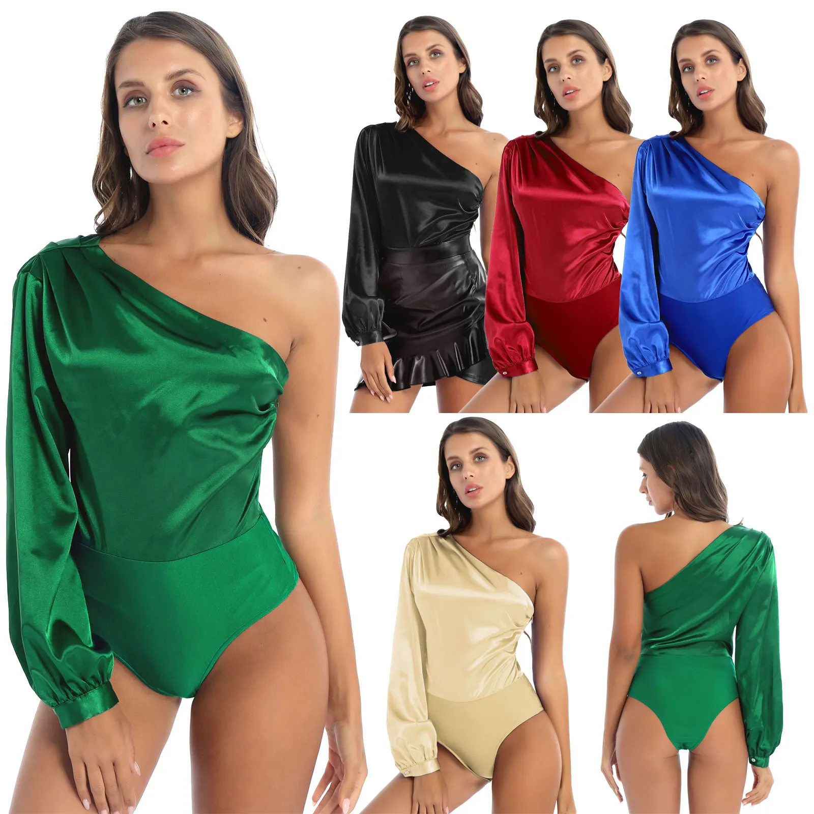 

Women One Shoulder Long Sleeve Satin Bodysuit Dance Leotard Blouse Fashion Side Zipper Solid Color Ruched Shirt Tops for Party
