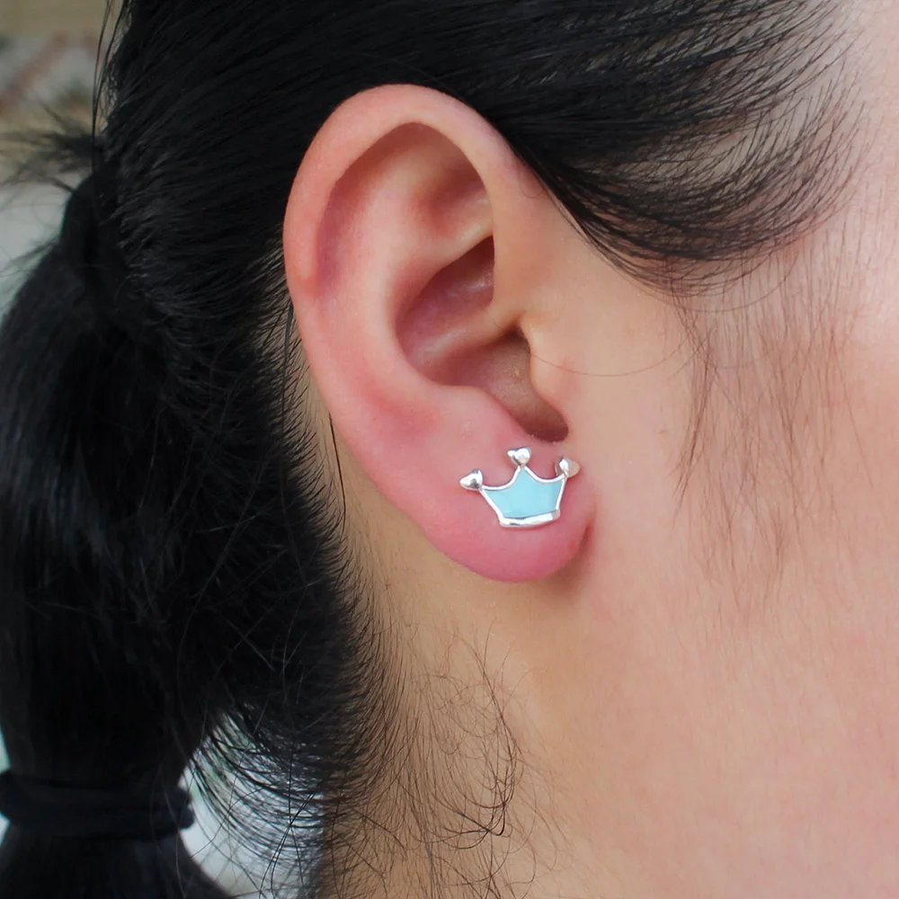 Серьги гвоздики женские из серебра 100% пробы с синей короной|Серьги-гвоздики| |