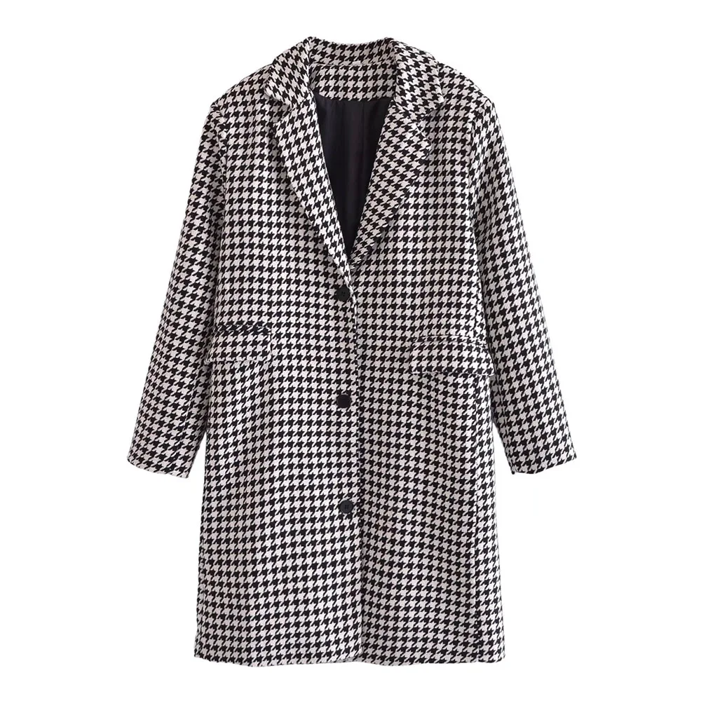 

Женское твидовое пальто ZA, повседневное длинное Свободное пальто с рисунком «гусиные лапки», весна-осень 2021