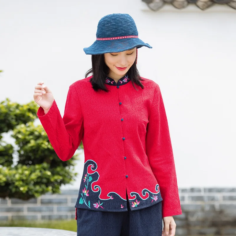 Национальный стиль ретро Красная Вышивка с длинными рукавами куртка женская