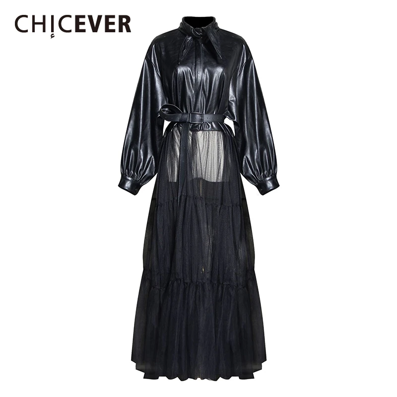 CHICEVER из искусственной кожи лоскутное Сетчатое Сексуальное Женское пальто на шнуровке воротник с лацканами длинный рукав высокая Талия Куртка женская модная одежда