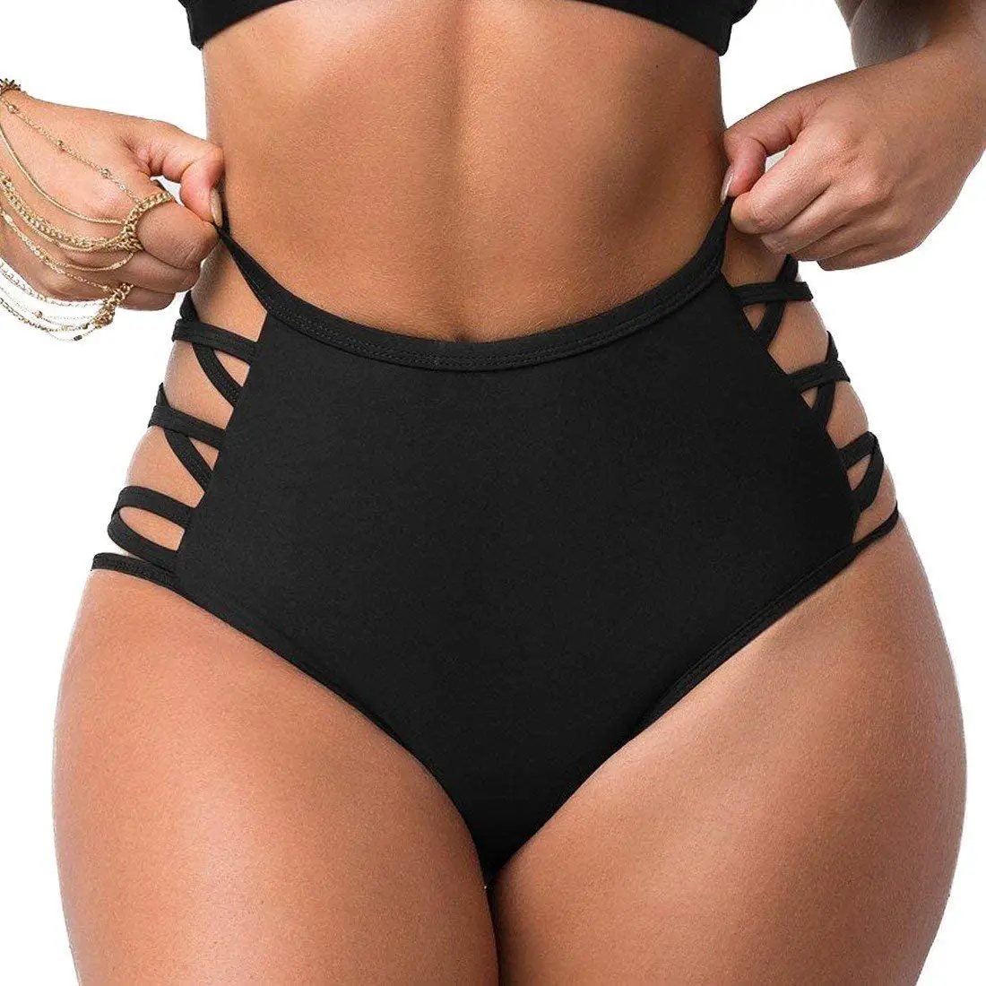 

Black Women Sexy Bikini Bottoms Lace Strappy Sides High Waisted Retro Bathing shorts women