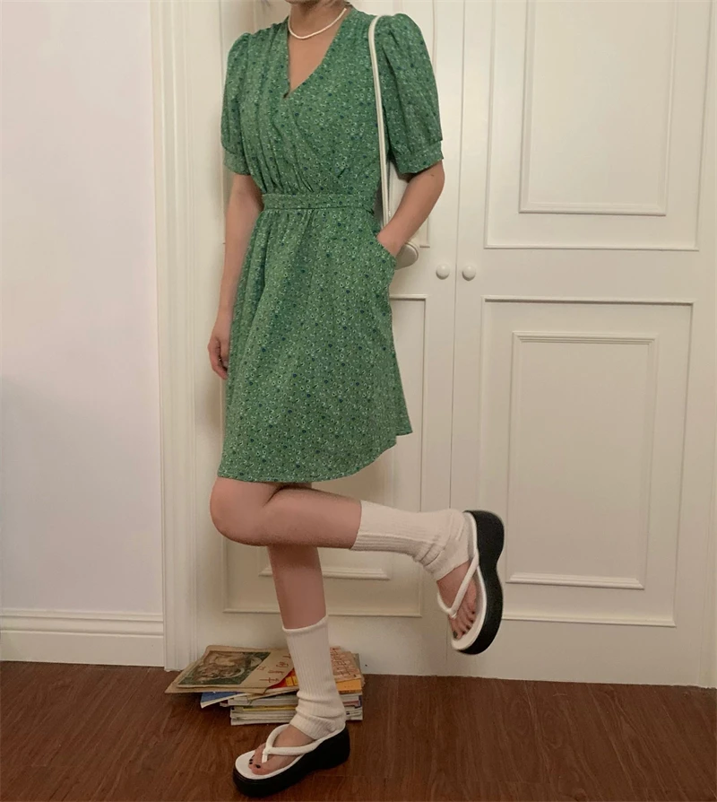 

CHEERART Floral Summer Green Wrap Dress Korean Fashion V Neck Puff Sleeve A Line Short Sleeve Kawaii Casual Dress Women 2021
