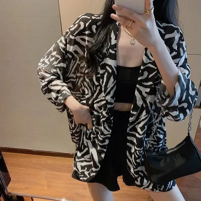 

XEJ Zebra Pattern Suits for Women Tunic 2021 Summer Top Korean Fashion Chiffon Blouse for Women Street Style Oversized Shirt