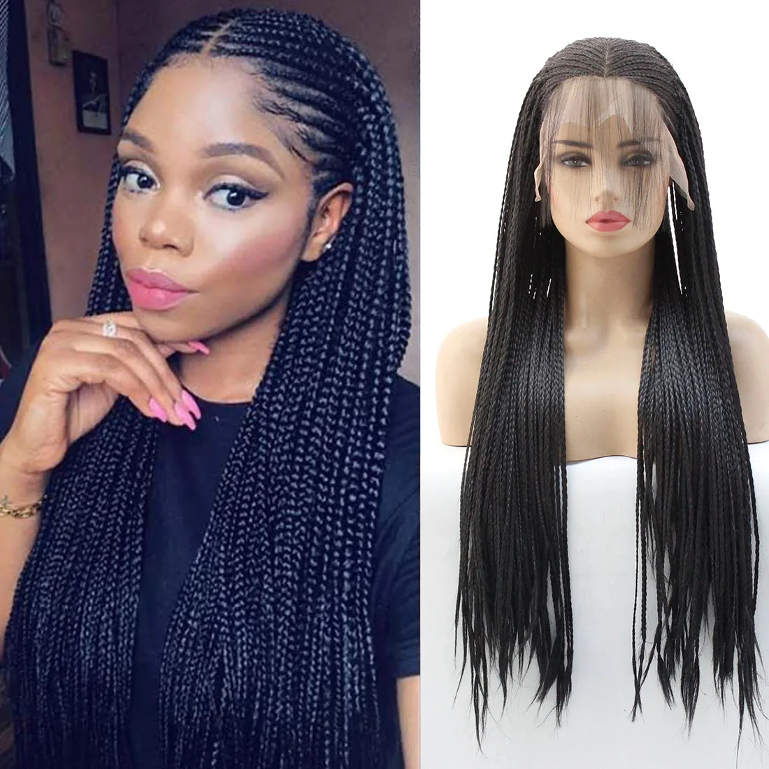 

Box Braided Wig Glueless Free Part 13*6 Lace Front Wig 26 Inches Long Cornrow Synthetic Braids Hair Baby Hair For Black Women