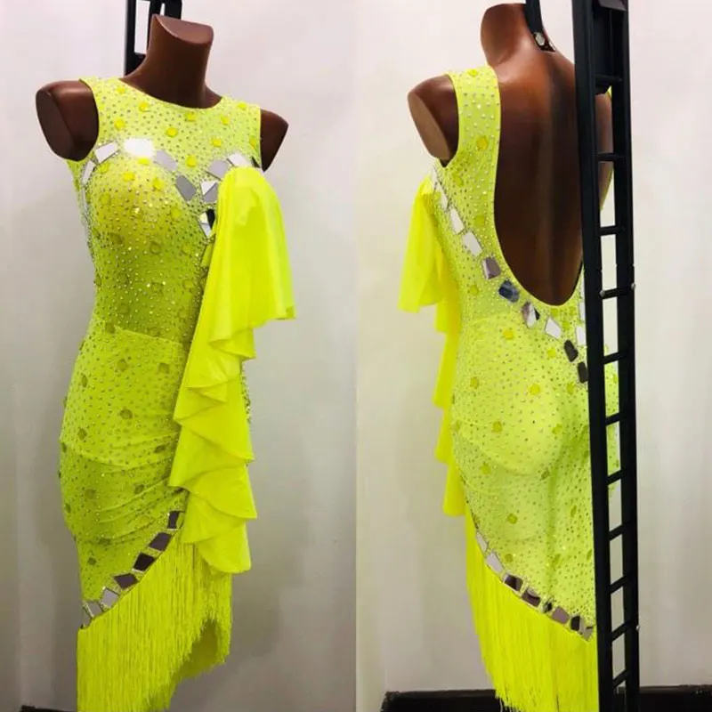 Ярко-желтое платье для латиноамериканских танцев разы зеркальные женские платья