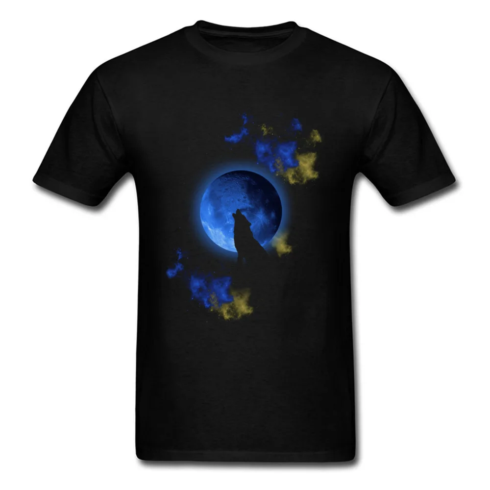

Night Call Wolf Print Men Black T-shirt Blue Moon Cartoon Animal Design Summer Short Sleeve Cotton Tops & Tees XXXL