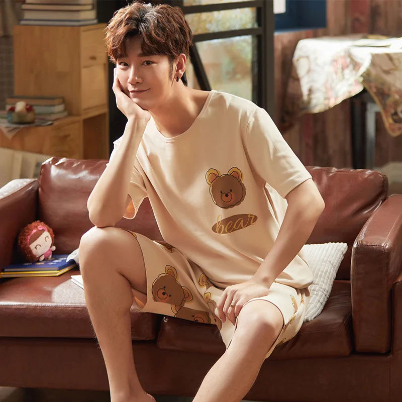 Пижамный комплект мужской с коротким рукавом 100% хлопок ночная рубашка домашняя