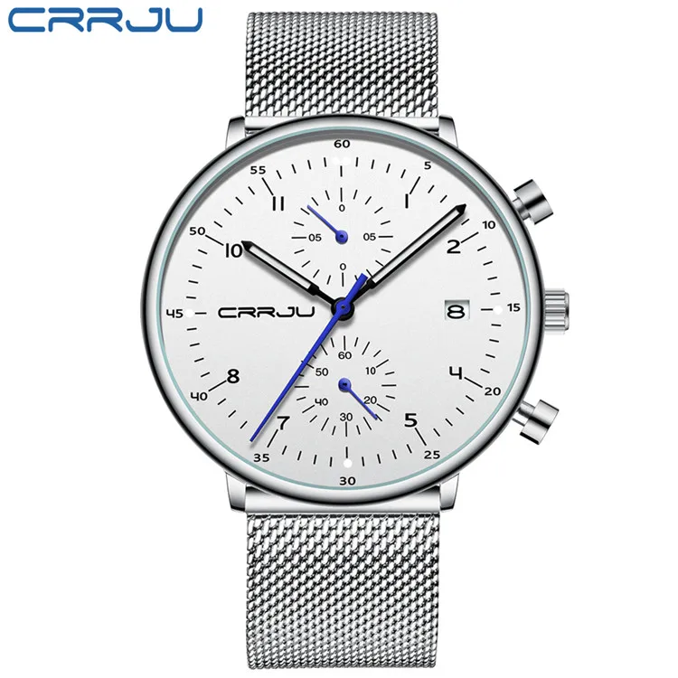 silver white Relogio masculino CRRJU лучший бренд класса люкс мужские наручные часы из нержавеющей стали мужские водонепроницаемые кварцевые часы с календарем и хронографом - Цвет: silver white