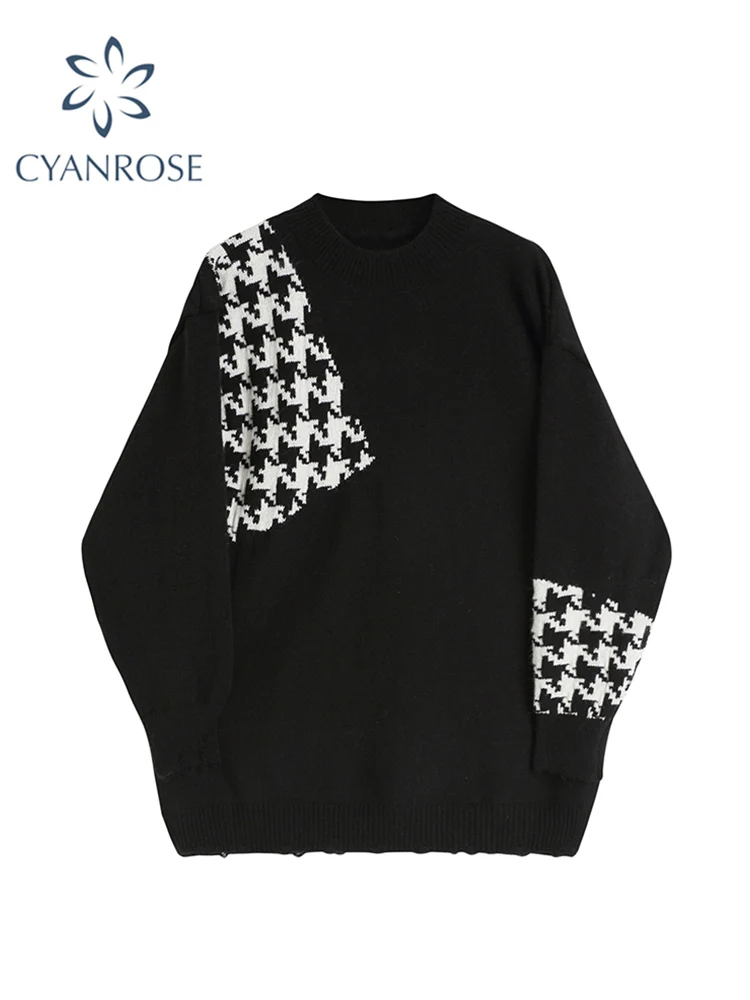 

Women Plaid Patchwork Knitted Sweaters O-Neck Long Sleeve Oversized Loose Casual Vintage Autumn Female Jumpers Pullovers Tops