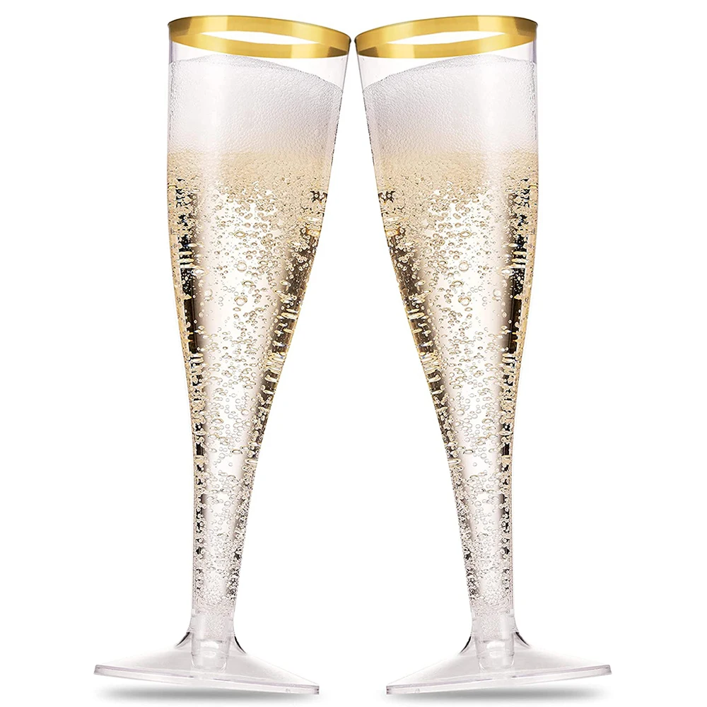 

10Pck Gold Rimmed Plastic Champagne Flutes 6.5 Oz Clear Plastic Toasting Glasses Fancy Disposable Wedding Party Cocktail Cups