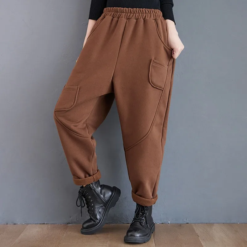 

Women Thick Warm Casual Trousers New Arrival 2020 Winter Simple Style Solid Color All-match Loose Female Harem Pants S2771