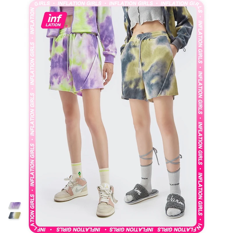 

INFLATION Women High Waisted Shorts 2021 Fall Trendy Tie Dyed Shorts Lady Loose Cool Shorts Women Streetwear Waffle Sweat Shorts
