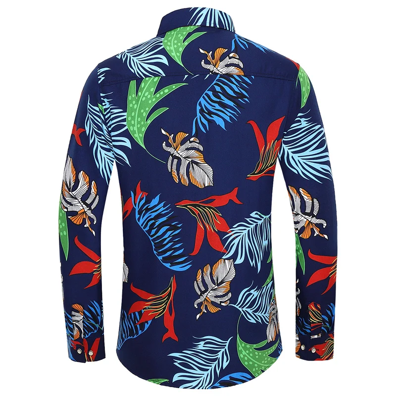 Hawaiian Shirts for Men Plus Size Men's Dress Flower Print Shirt green leaves pattern Long Sleeve Shirts Male man Tops Camisa