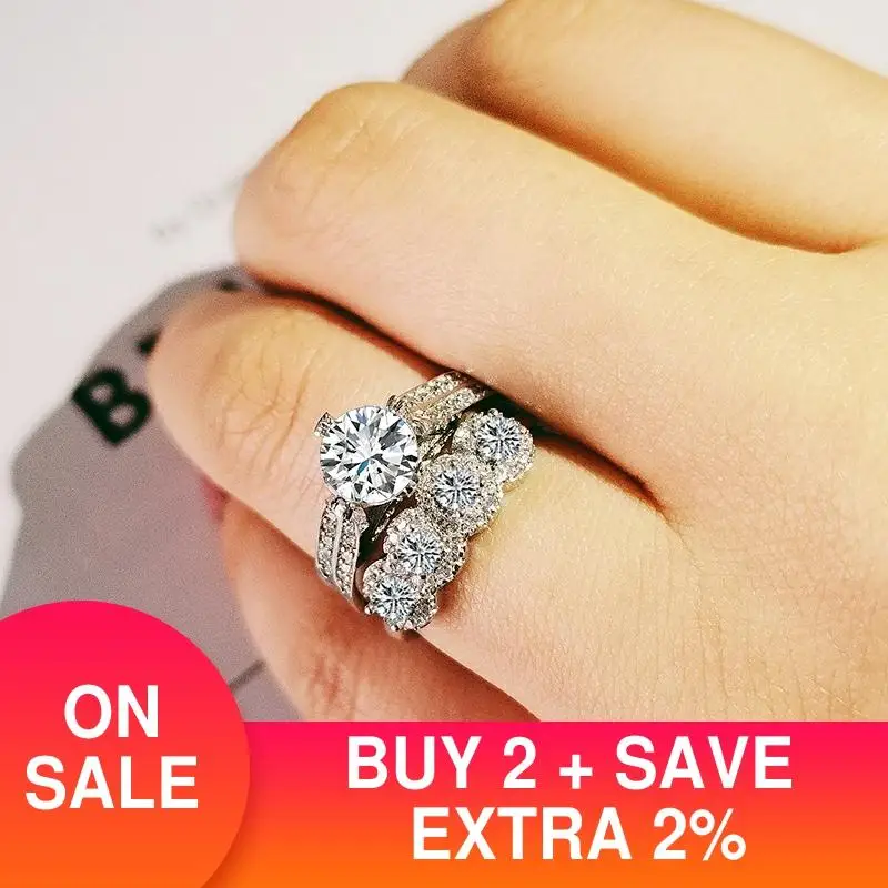 

2021 new luxury round 925 sterling silver wedding ring set for women lady anniversary gift jewelry bulk sell Black Friday R5138