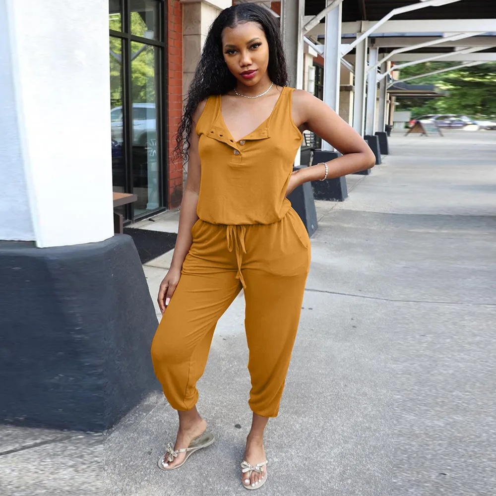 

Женский праздничный комбинезон без рукавов, повседневный однотонный длинный комбинезон на пуговицах, наряд на завязках, лето 2022