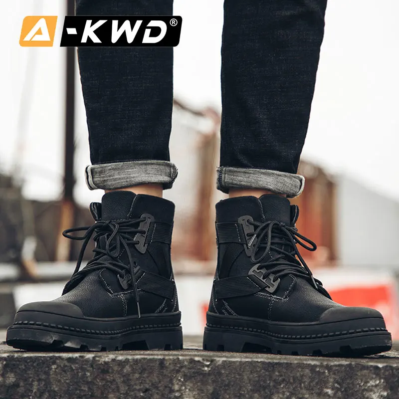 Модные черные зимние мужские ботинки кожаные кроссовки Geuine на шнуровке Уличная