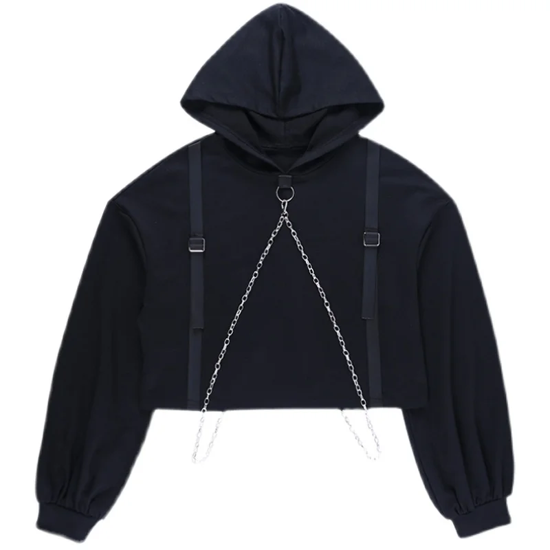 

Street Fashion Sweatshirt Women Loose Lantern Sleeve Chain Strap Hooded Cropped Hoodie Trend Personali Black Hoodies