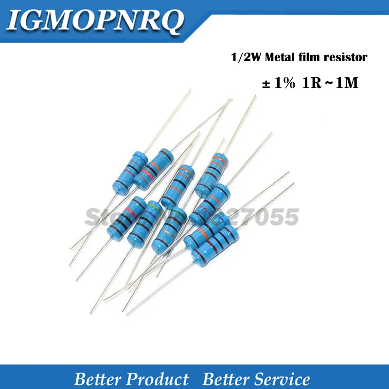 

50pcs 1/2W Metal Film Resistor 1% 1R~2.2M 100R 220R 330R 1K 1.5K 2.2K 3.3K 4.7K 10K 22K 47K 100K 100 220 330 1K5 2K2 3K3 4K7 Ohm