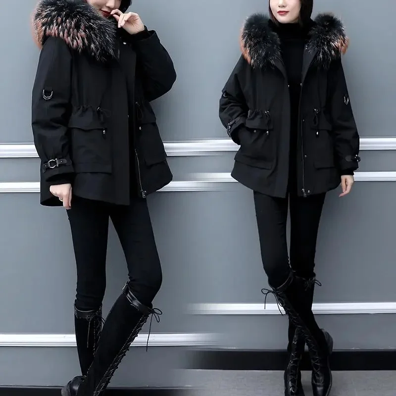 2022 Autumn/Winter New Detachable Parkas Coat Women Imitation Fur Fashion Korean Thickened Pleated Black Jacket Big Fur Collar