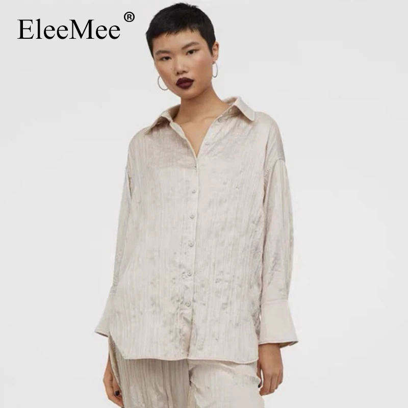 

Женская однобортная рубашка EleeMee, повседневная Однотонная рубашка с длинным рукавом и отложным воротником, размеры Xs-L, лето 2021