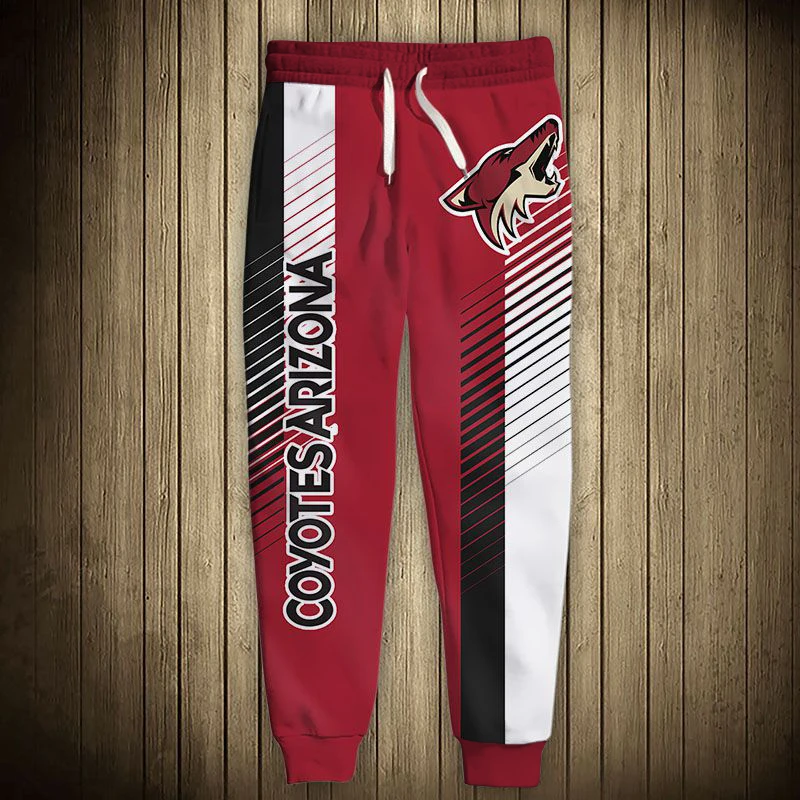 

Arizona men's Casual Coyotes Sports Pants Red And Black Stripes Stitching Cartoon Fox Print Sweatpants