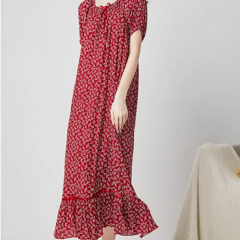 New Nightdress For Women Cotton Silk Short Sleeves Long Dress Square Neck White Lace Ladies Evening Dress