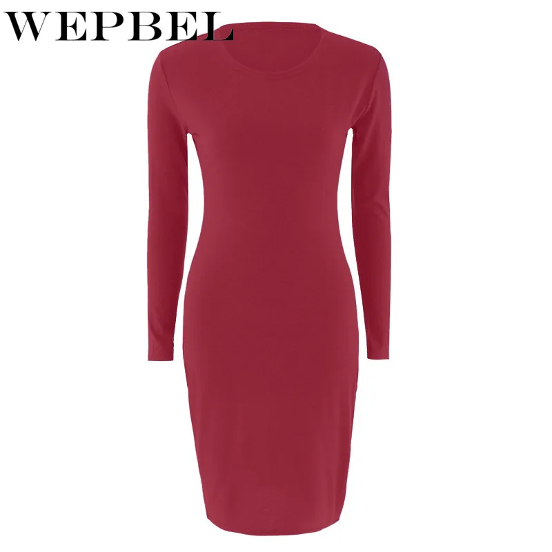 

WEPBEL Sexy Bodycon Middle Dress Casual Dresses Slim Fit Knee Length Dresses Autumn Spring Women Long Sleeve Dresses