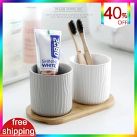 2pcs Couples Toothbrush Holder Ceramics Cups Set for Bathroom Accessories Bamboo Wood Brush Holder Cup