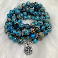 8mm blue striped agate stone 108 bead lotus pendant stretch bracelet handmade buddhism chakra pray colorful spirituality