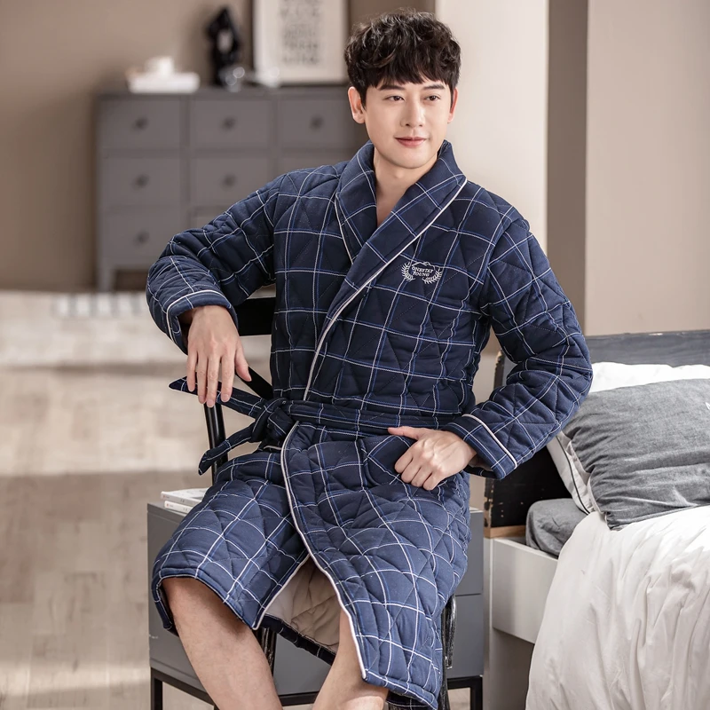 New Winter Thick Warm Men Three Layer Cotton Robe Plaid Nightgown Long Sleeve Loose Male Lounge Bathrobe