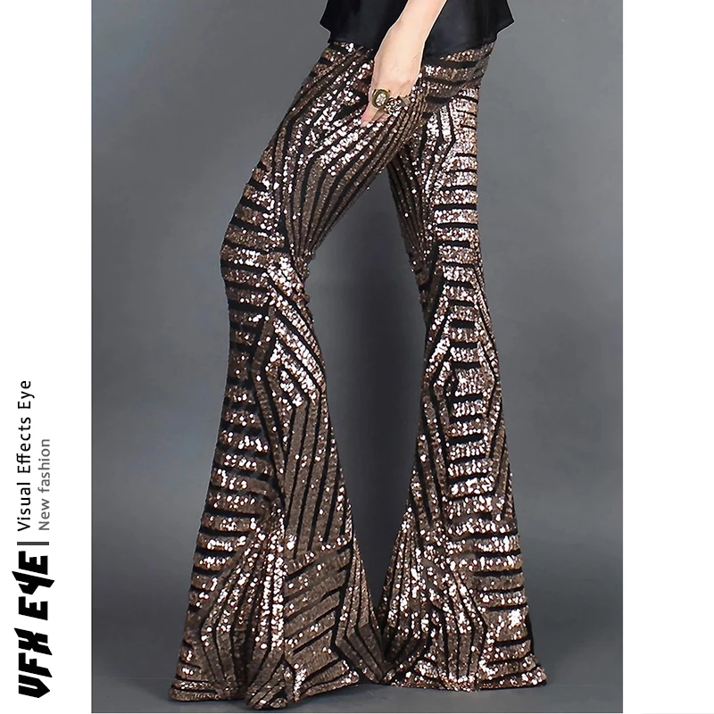 

Женские брюки с широкими штанинами, черные/абрикосовые Брюки-клеш с блестками и высокой талией, Длинные офисные брюки для танцев на дискоте...