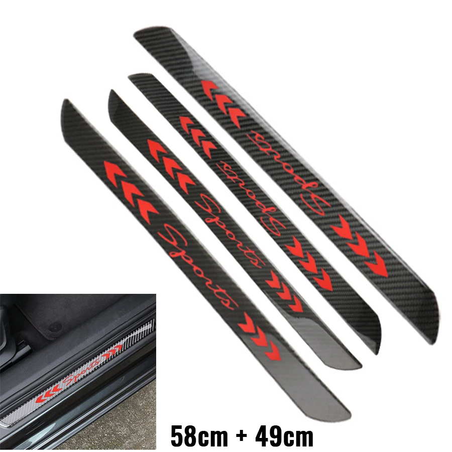 

4Pcs 58cm + 49cm Car Door Sill Scuff Plates Sport Style Red Reflective Prevents Scratches Real Carbon Fiber