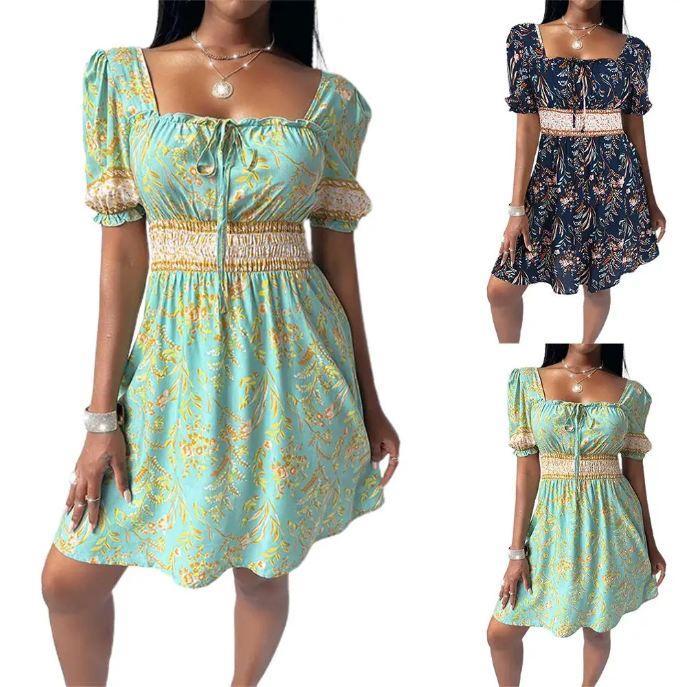 

Womens Sexy Floral Printed Backless Square Neck Short Dress Puff Sleeve Drawstring Casual Sundress