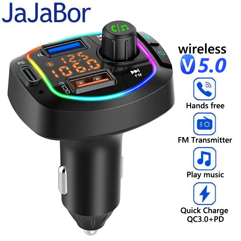 

JaJaBor FM Transmitter Bluetooth 5.0 Car Kit Handsfree Car MP3 Player PD18W QC3.0 Quick Charge Support U Disk TF Card Playback