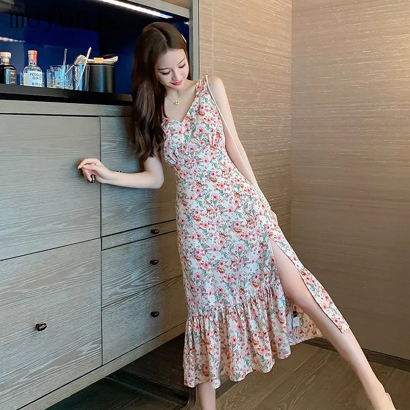 

Floral Chiffon Mid-Length Spring and Summer Strap Dress for Women 2021 New Elegant Bohemian Oversize Casual Temperament Vintage