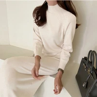 half high collar sweater dress women cotton elegant loose thick knitting solid apricot winter long sleeve maxi dress vestido