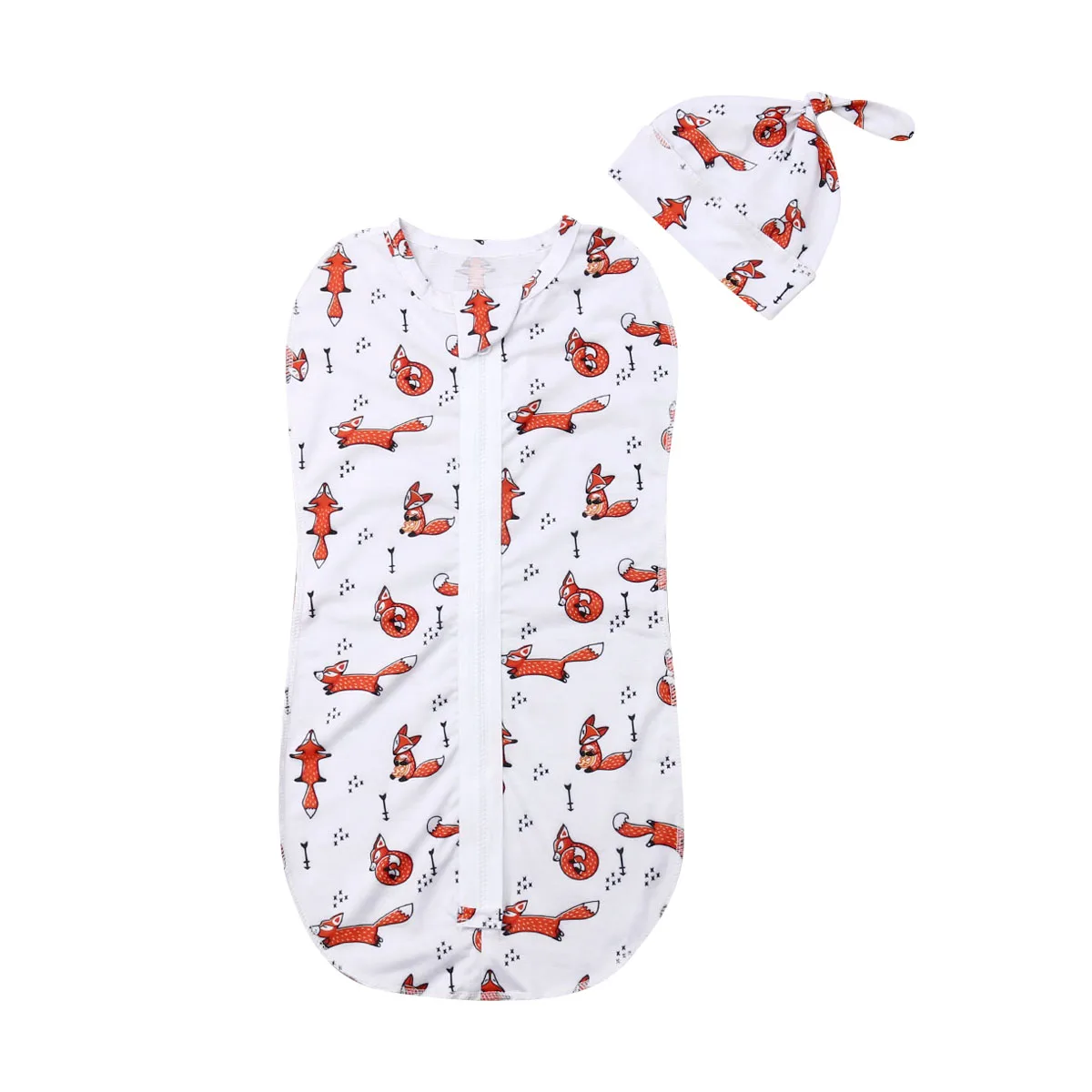 

2PCS Soft Baby Swaddle Muslin Blanket Cute Animal Printed Newborn Infant Baby Sleeping Bags Zipper Wrap Swaddling Blanket+Hats