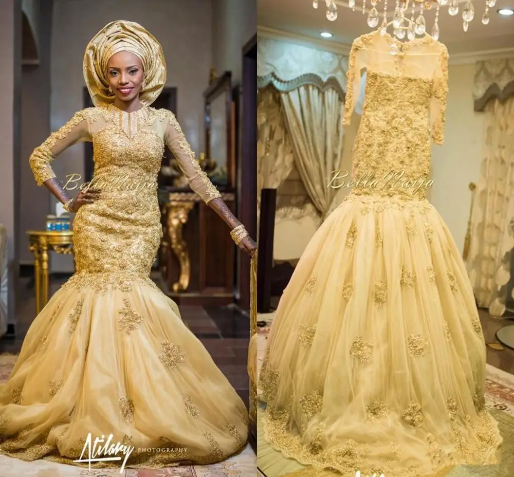

Gold African Traditional Lace Wedding Gowns Jewel Neck 3D floral Beaded Appliques Long Sleeves Tulle Chapel Train Bridal gowns